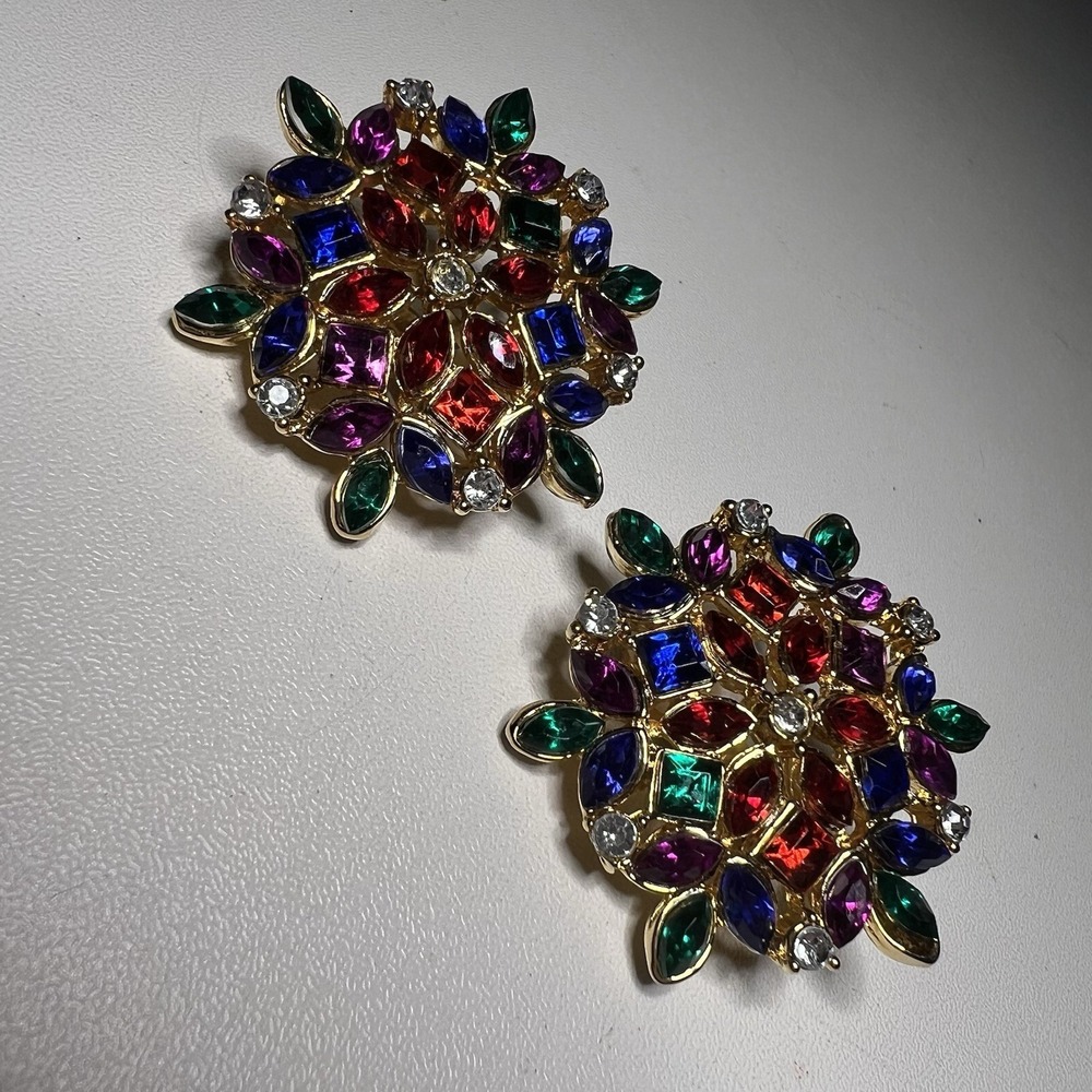Vintage Statement Earrings Cluster Multicolored Rhinestones Gold-plated Clip On